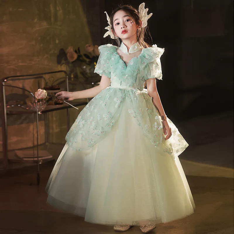 

Girls Birthday Party Girls Dress for Wedding green petal Sequin embroidery Children Princess Pageant ball Long Kids Dresses