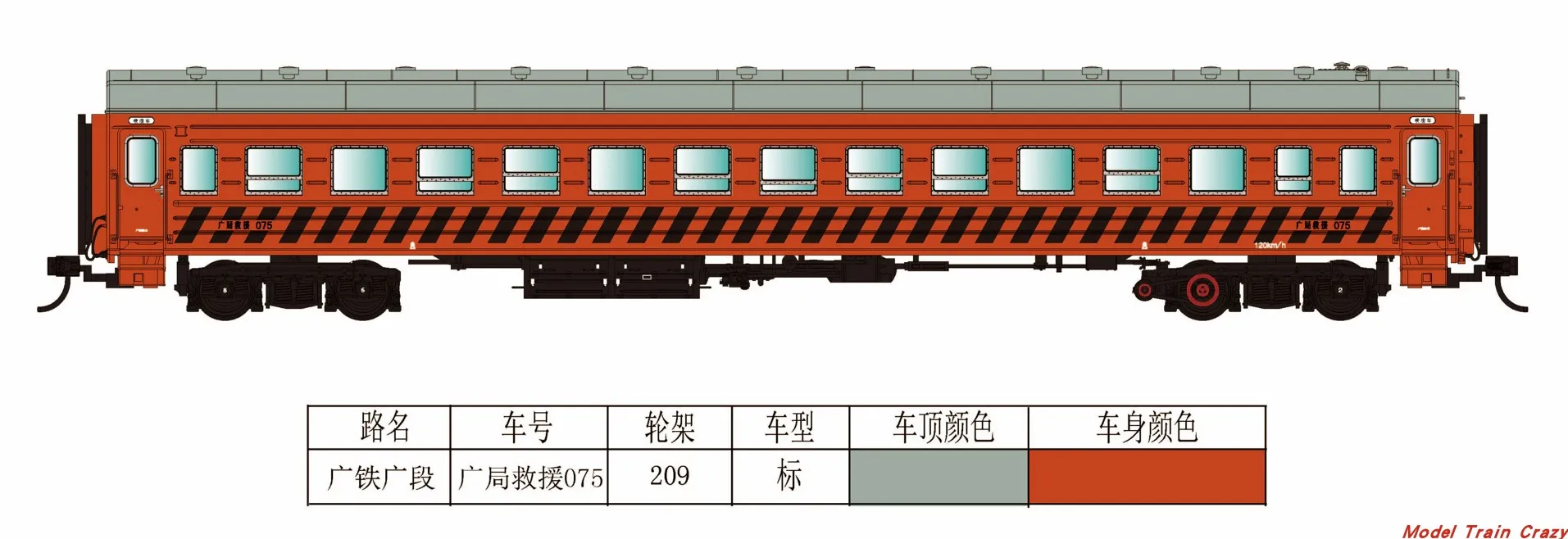 MTC Train Model YZ22 Hard Seat Guangzhou Railway Section 075 Rescue Standard Car 209 Wheel Frame HO 1/87 Train Car