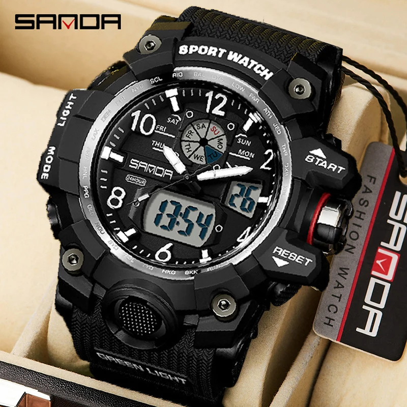 

2024 Dual Display Watches For Men 50M Waterproof Clock Alarm reloj hombre Wristwatch Quartz Military Watch Sport New Mens