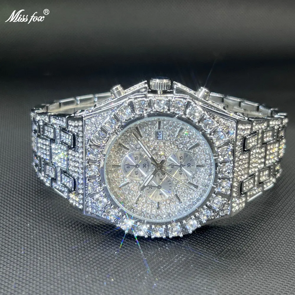 

MISSFOX Hip Hop Diamond Watches For Men Fashion Automatic Date Quartz Clock Dress Jewelry Brand Wristwatch Man For Gift New 2026