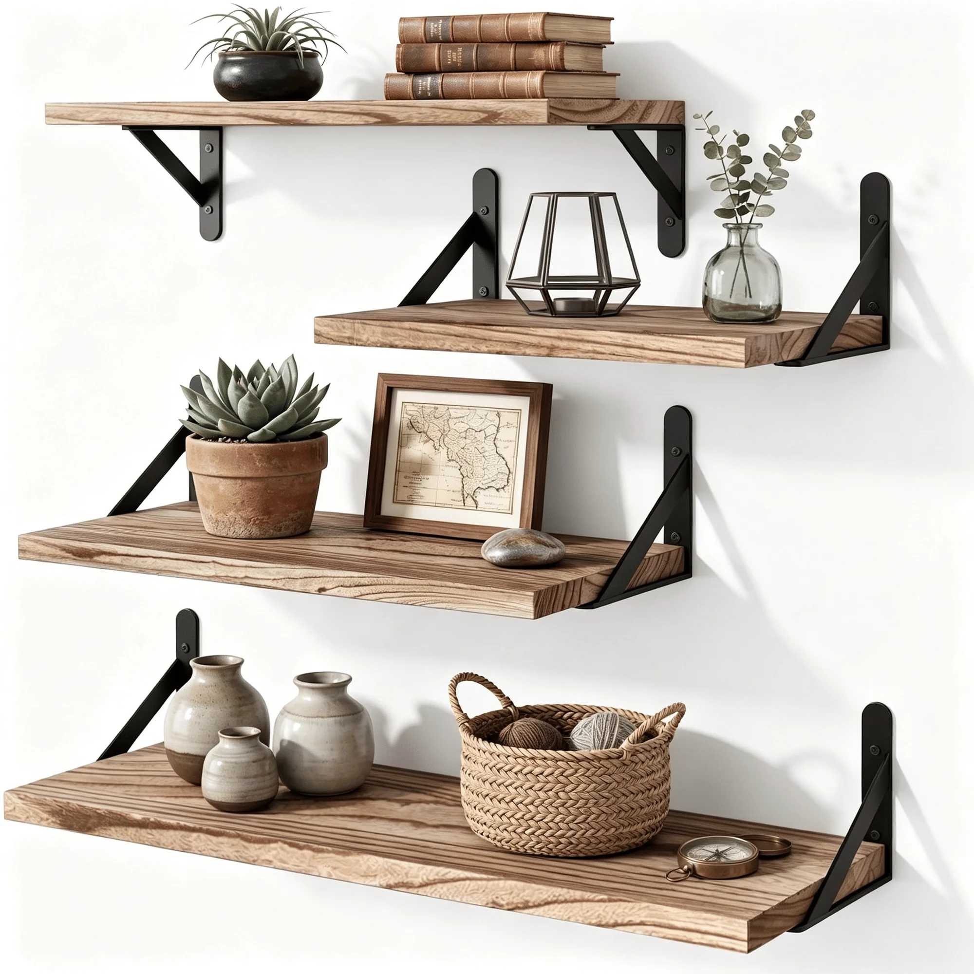 Floating Shelves Wall Mounted Set of 4, Rustic Paulownia Wood Wall Shelves with Black Metal Brackets, Torched Wood Storage Shelf for Bedroom Living Room Bathroom Kitchen, Includes Level & Screwdriver