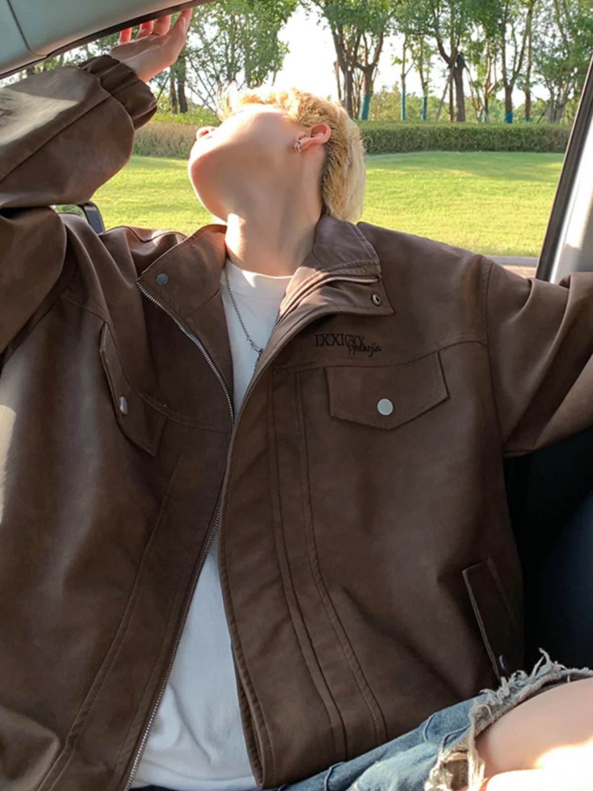 

Loose Men's PU Leather Jaet Street Sle Motorcycle Coat American Retro Teenage Workwear Jaet Trendy Autumn Outerwear