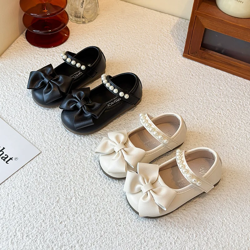 

Girls' Small PU Leather Shoes Spring Autumn New Baby Girl Bow Pearl Children's Princess Soft-soled School Student Loafer