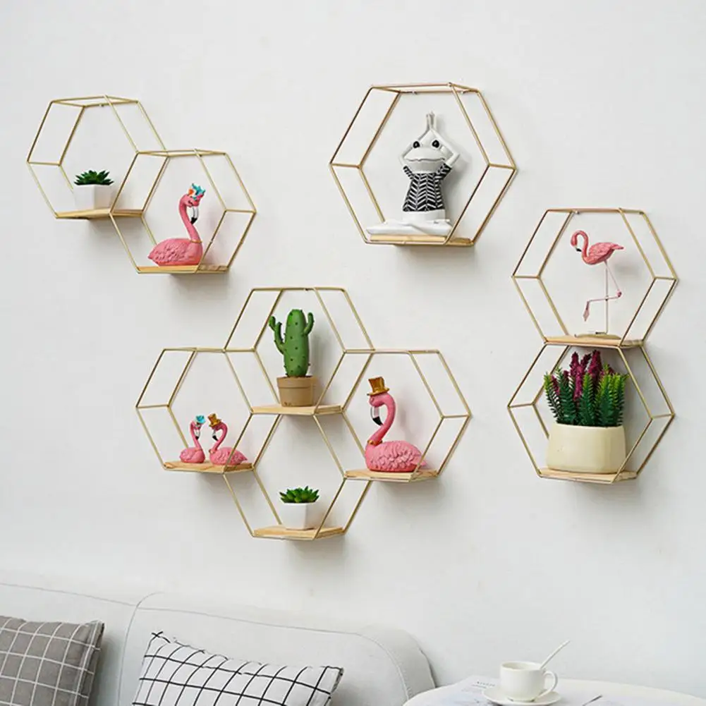 Hexagonal Iron Storage Holder Nordic Style Wall-mounted Wall Shelf Home Decoration Rack Handicraft Display Storage Holder Stand