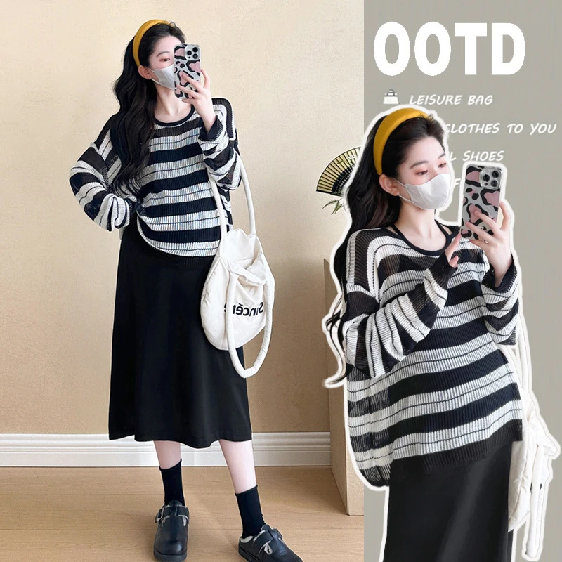 2024 Autumn Maternity Clothes Set Pregnant Woman Striped Translucent Blouse + Black Slip Skirt Long Sleeved Top Maternity Dress