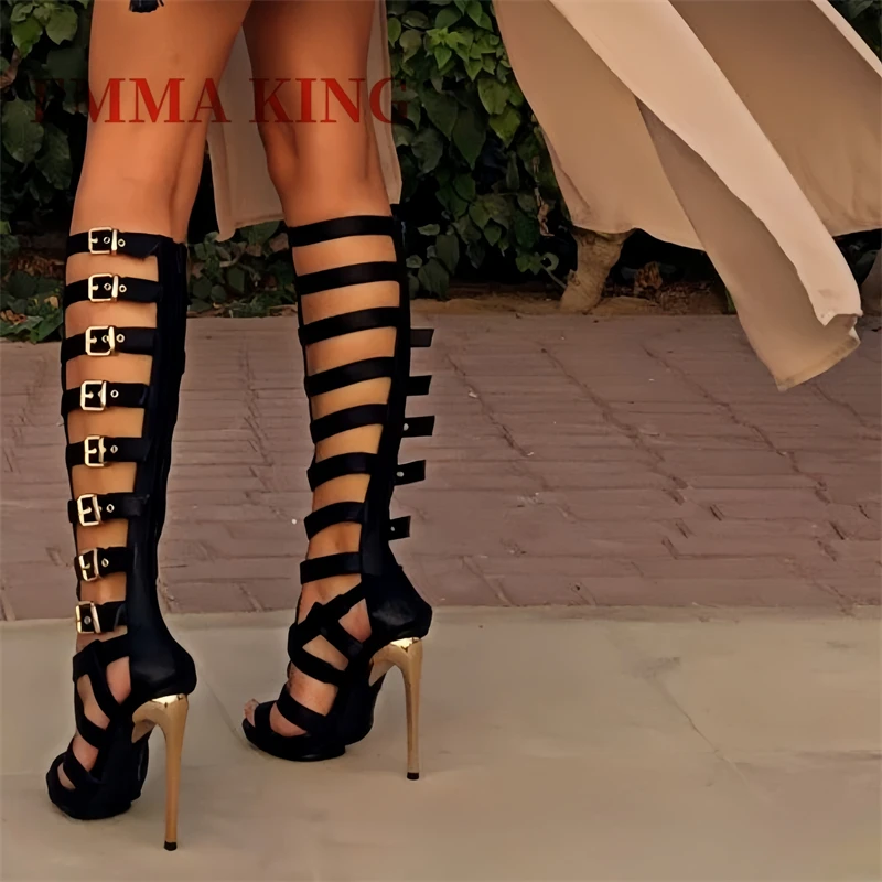 الصيف النساء اللمحة تو الصنادل التمهيد رقيقة عالية الكعب مشبك حزام النساء الركبة عالية صنادل طراز جلاديتور السيدات فستان رسمي كعب الأحذية #1