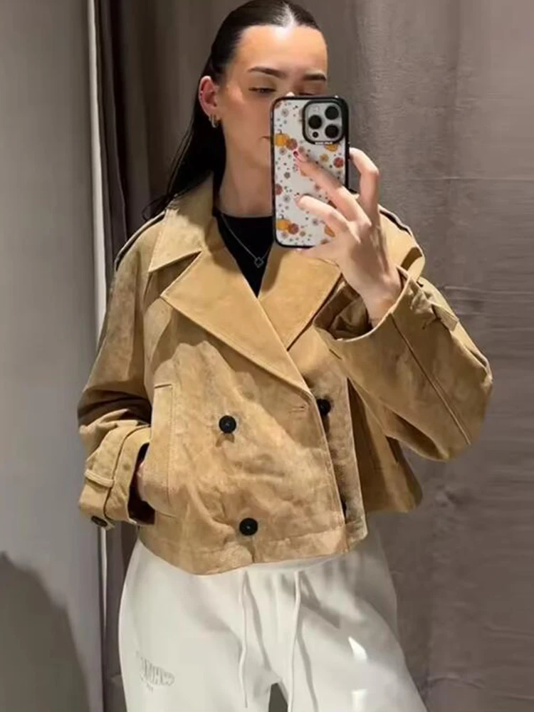 

Women Chic Double Breasted Windcoat Style Jacket Women Pockets Long Sleeve Buttons Khaki Coat 2025 Autumn Lady Casual Outwear
