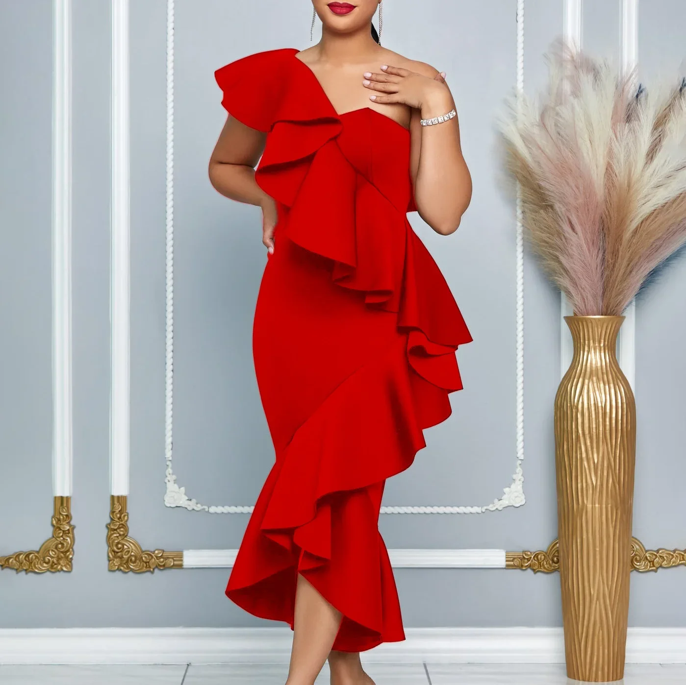 Elegant Women Ruffle One Shoulder Evening Party Dress Package Hip Bodycon Mermaid Gown Formal Wedding Guest Prom Celebrat Robes