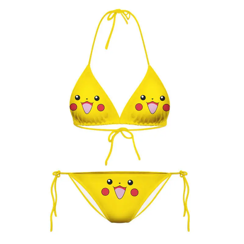 Pikachu swimsuit three-point underwear yellow split ladies sexy cartoon tie halter neck sexy bra triangle bikini set