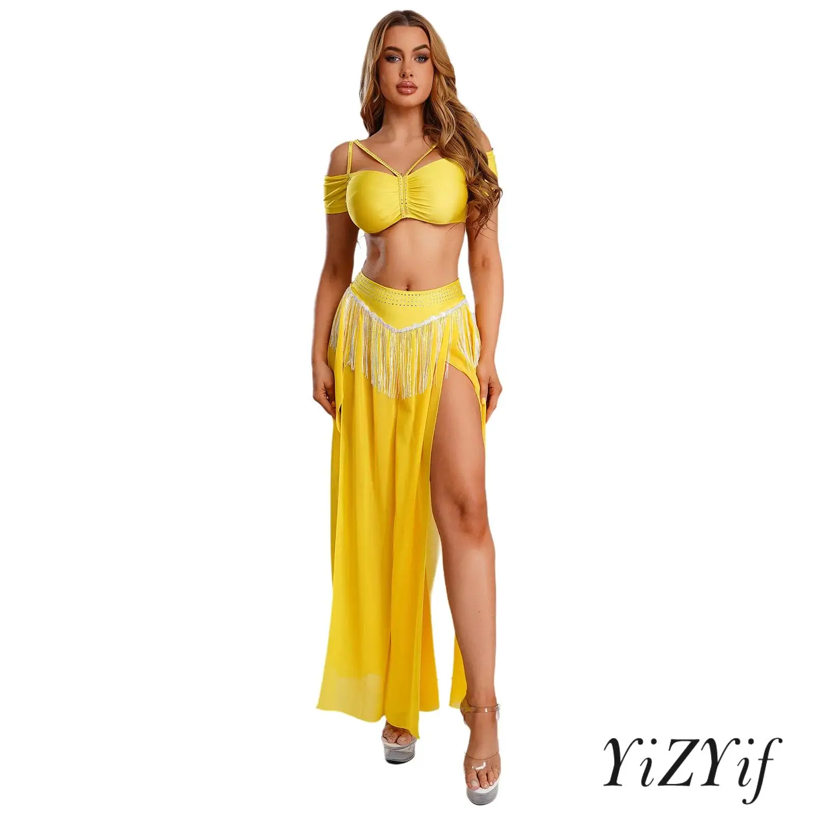 

Womens Belly Dance Costume Cold Shoulder Crop Top and Rhinestone Waist Sequin Tassel Slit Legs Culottes Chiffon Wide Leg Pants