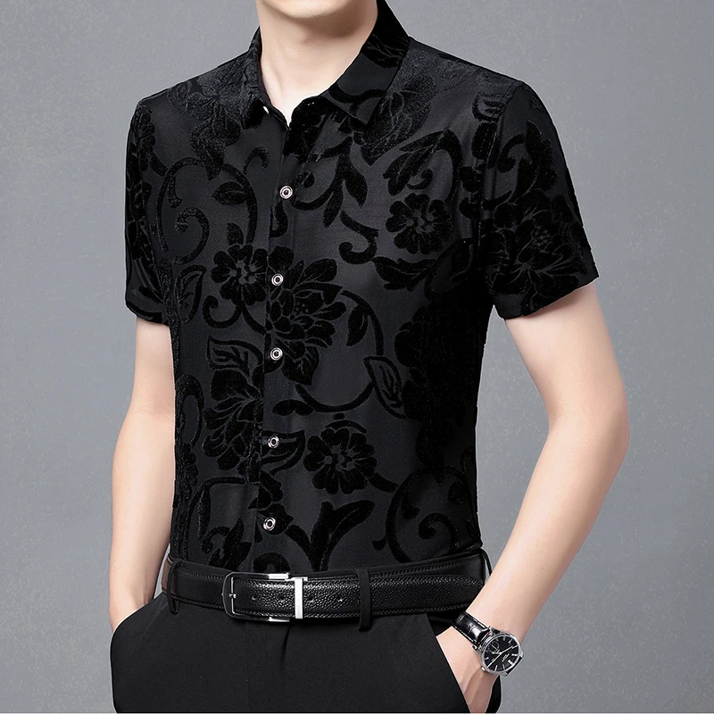 Chinese Style Carved Flowers Fashion Slim Fit Short Sleeve Shirt Men Summer Quality Velour Hollow Silky Elastic Camisa Masculina