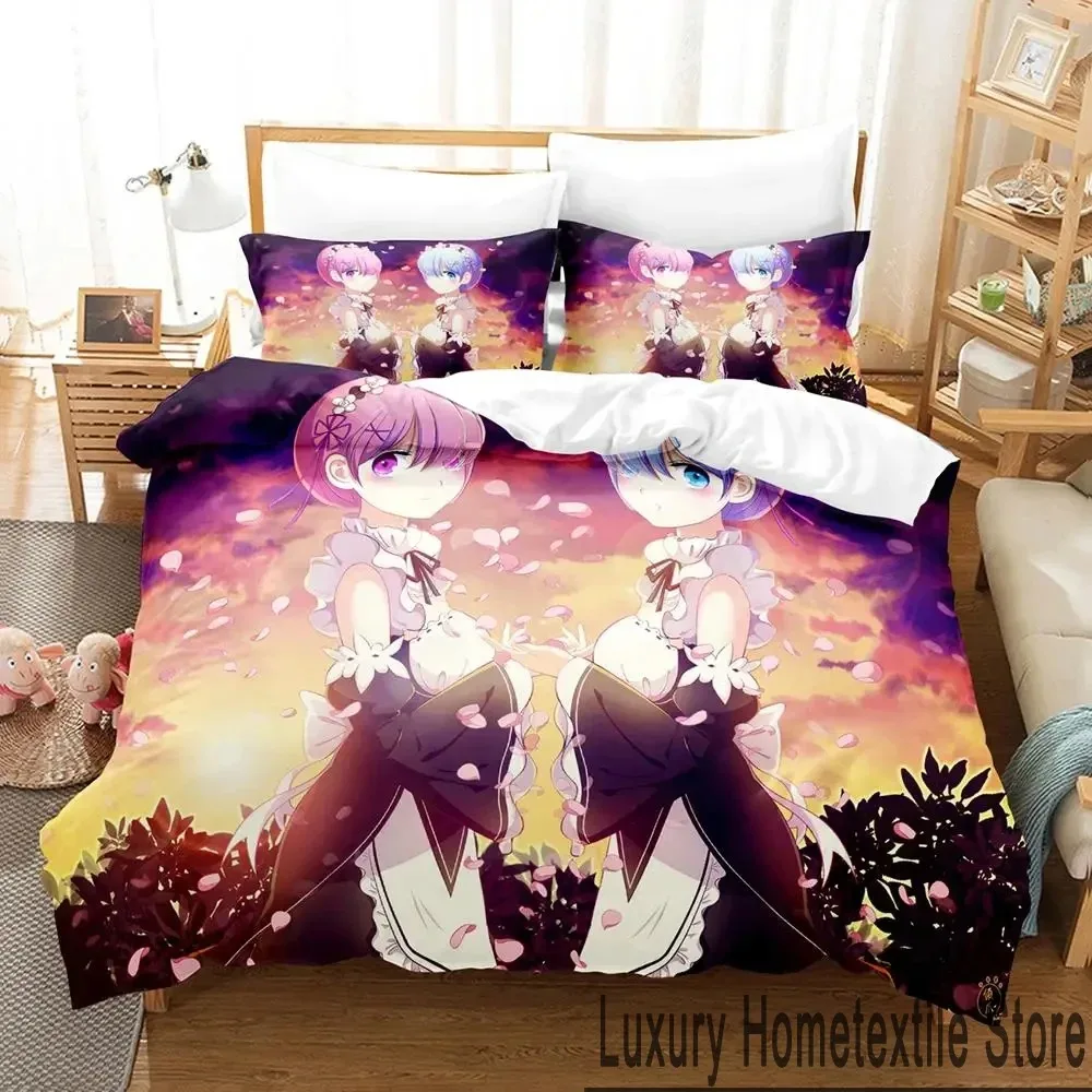 3D Print Anime Re Zero Rem Ram Emilia Bedding Set Boys Girls Twin Queen King Size Duvet Cover Pillowcase Bed boys Adult