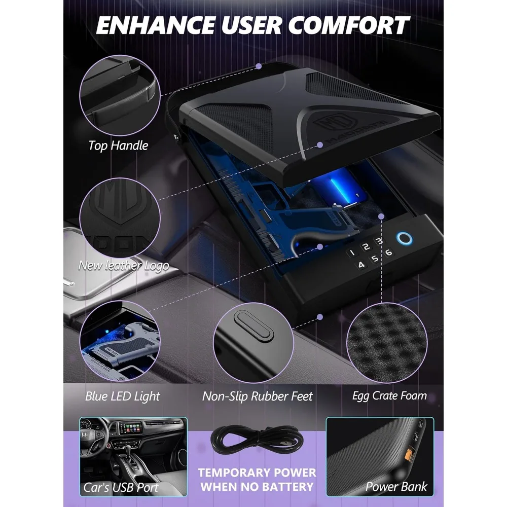 Car Gun Safe, Portable Biometric Safes for Pistols with Cable, Fingerprint & Keypad & Key Access Handgun Lock Box for Vehicle Tr