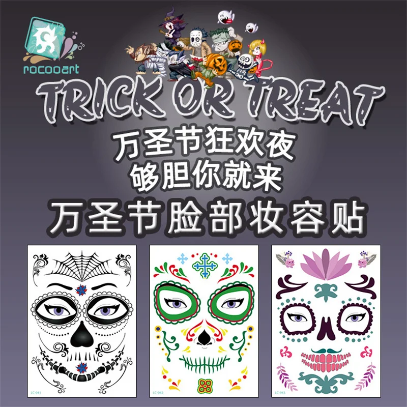 Halloween Face Makeup Sticker Horror Day Of The Dead Skull Face Temporary Tattoo Stickers Ghost Face Funny Crystal Face Decal