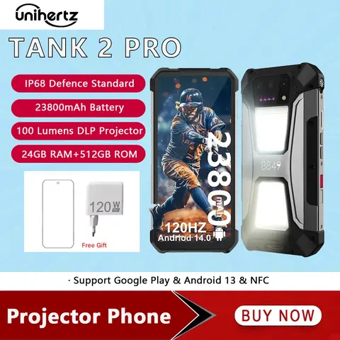 8849 Tank 2 Pro Unihertz 4G Rugged Projector Smartphone Android 14 23800mAh 12GB 512GB 100MP 120W Dual Sims 6.79 Inch Cellphone