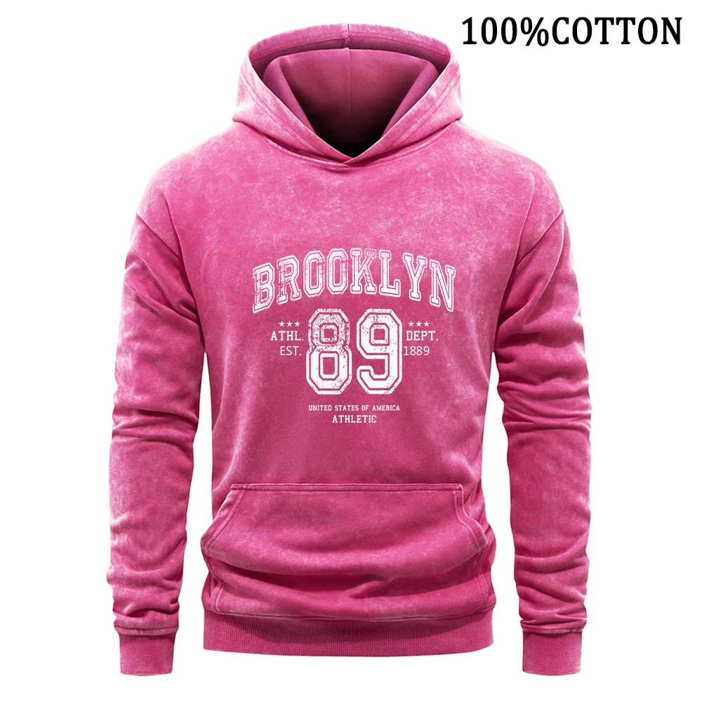 Sweat à capuche en coton lavé pour homme, pull doux et confortable, streetwear vintage, lettre Brooklyn 89, classique américain, rétro