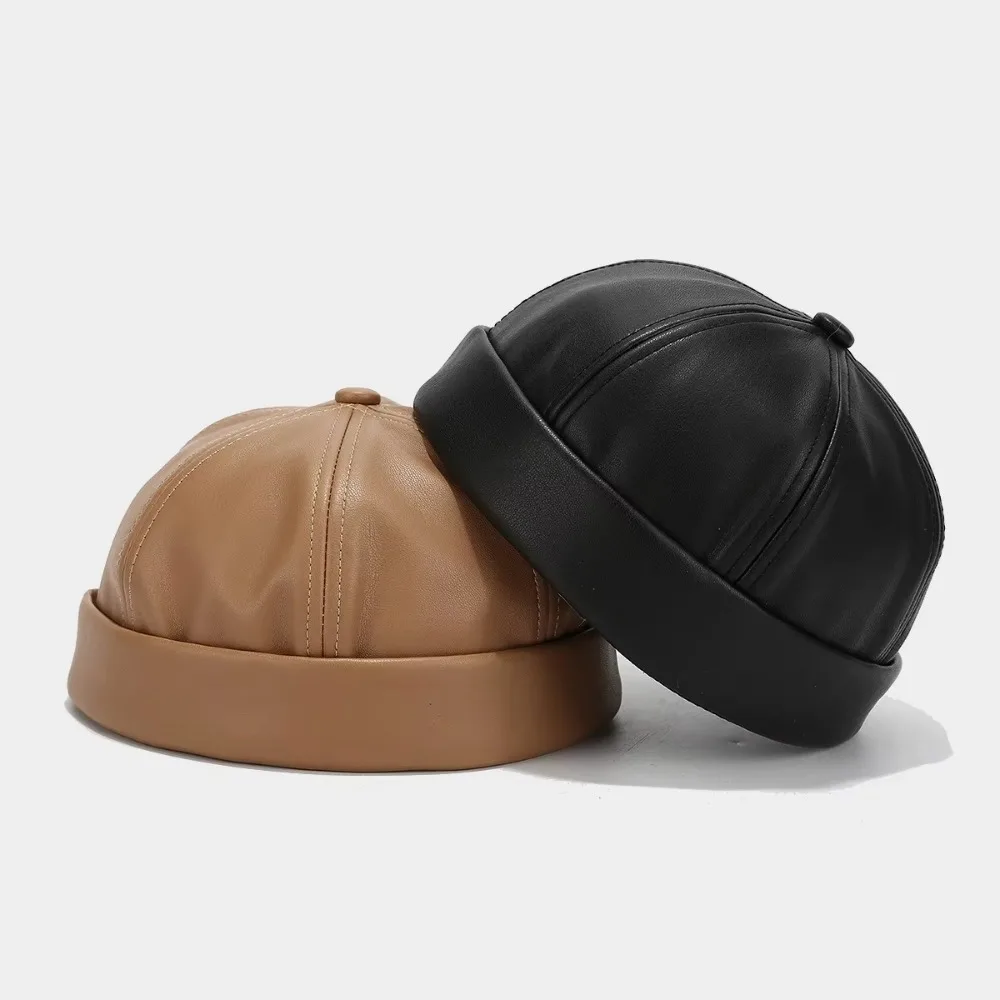 

Casual Retro Brimless Hat PU Leather Adjustable Melon Skin Caps Solid Color Docker Cap Autumn Winter