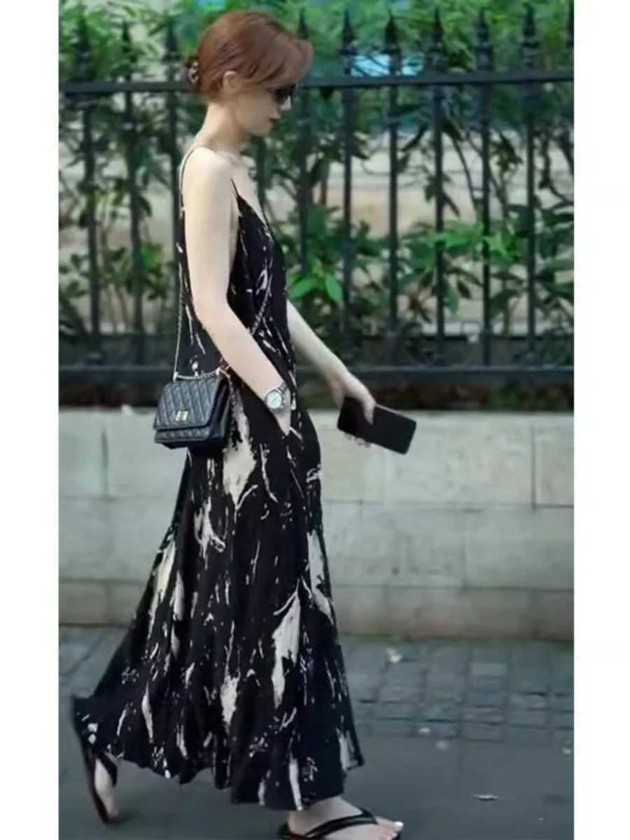 Beach Vaion Long Dr. Bla Ink Print ter Ne Gown Damen Sommer Hohe Taille A-Linie Rock V-Ne Svel Maxi Dr