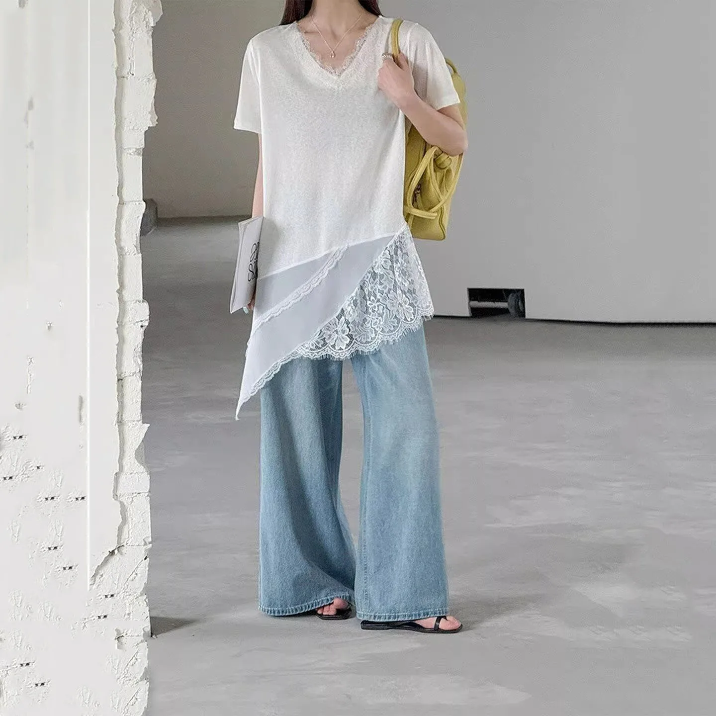 Summer Lace Splicing Irregular T-shirt For Women Korean Casual Fashion Simple Solid Color Loose V-Neck Female Skirt Tees