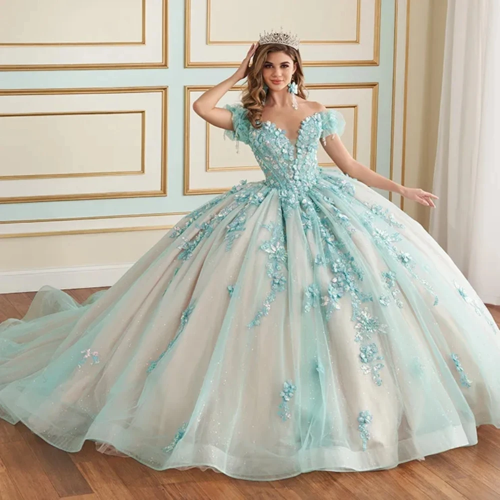 

EVLAST Customized Shiny Mint Green Quinceanera Dress Ball Gown Floral Applique Beaded Corset Sweet 16 Vestidos De 15 Anos E3Q96