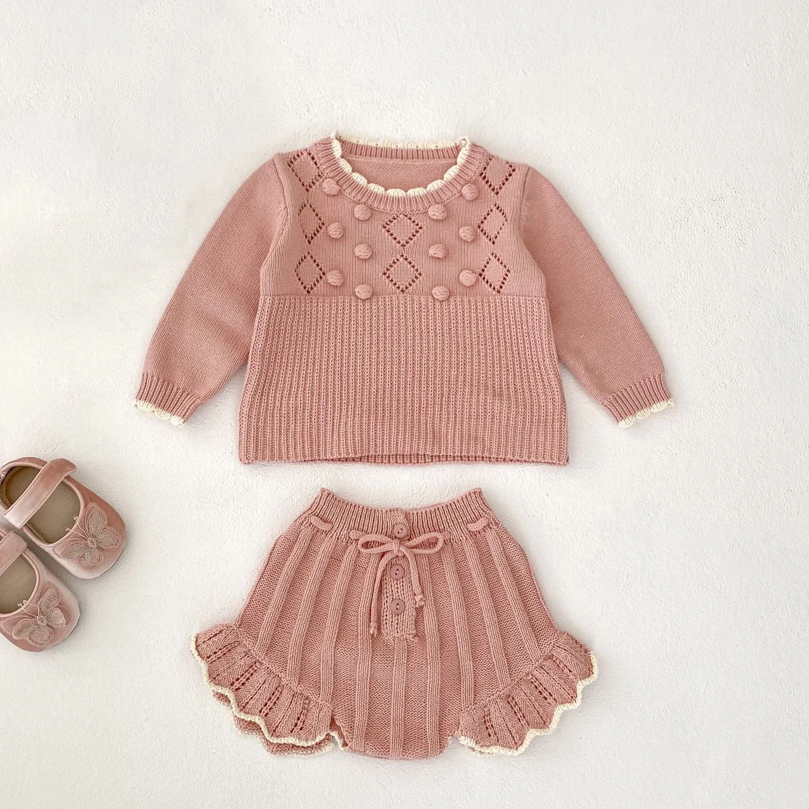 

0-3T Newborn Kid Baby Girl Knit 2pcs Clothes Set Long Sleeve Sweater Pullover Top Shorts Set Knitwear Set Outfit