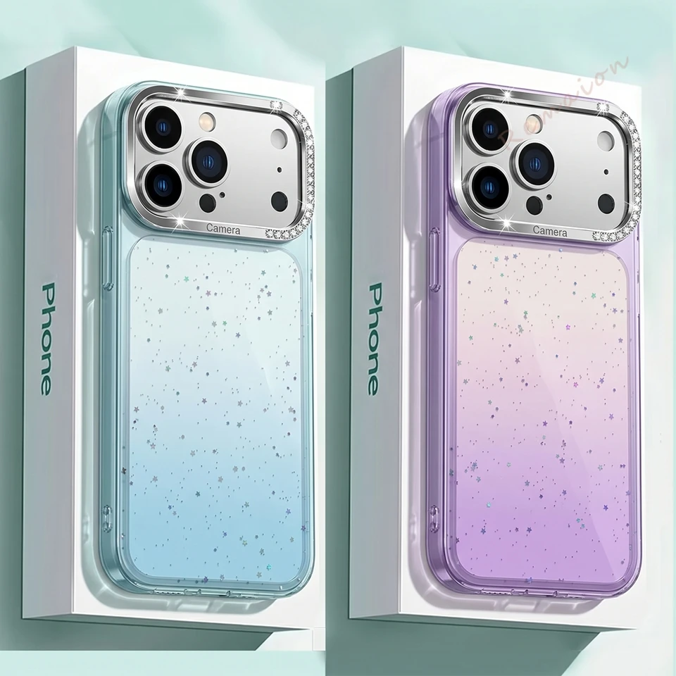 

Diamond Official Phone Case For iPhone 15 14 12 13 16 17 Pro Max Gradation Bling Bling Glitter LEN Shockproof Protector Cover