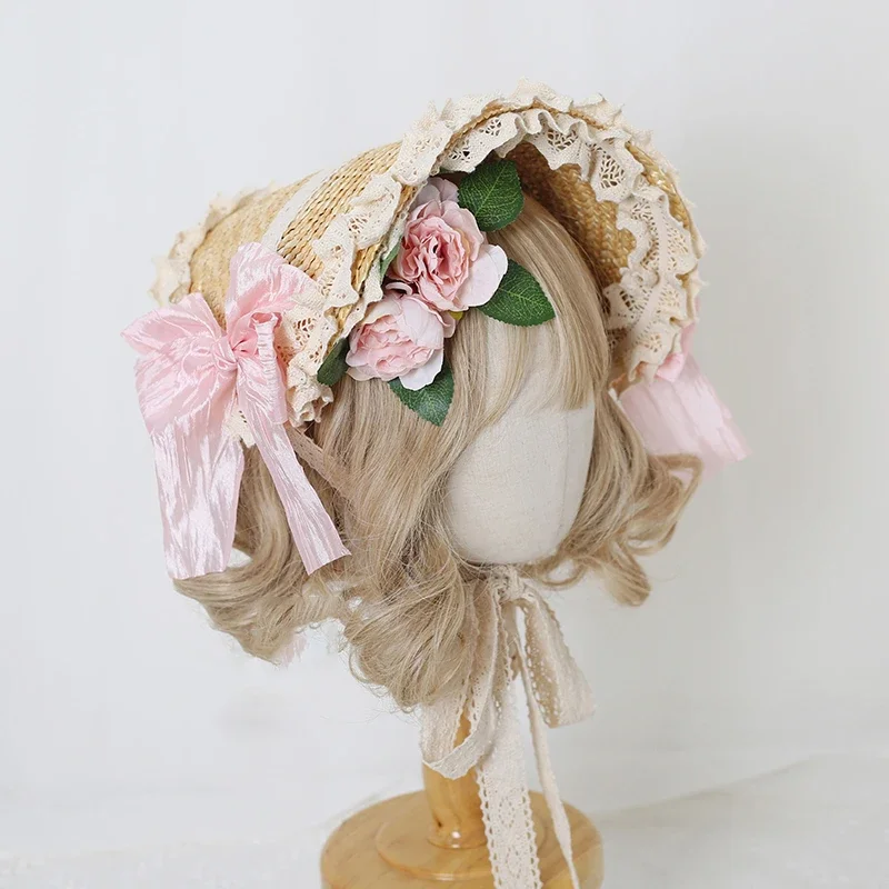 Feminino vintage vitoriano lolita boné plano feito à mão princesa renda flor doce chapéu de palha meninas lindo elegante headwear