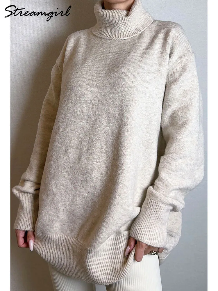 Streamgirl Winter Long Sweater Women Turtleneck Knit Maxi Pullovers Warm Thick Jumpers Brown Oversized Sweaters For Women Winter