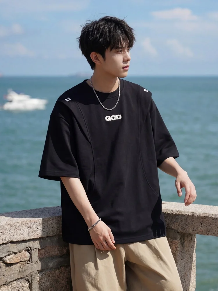 Split-Sleeve Short-Sleeve T-Shirt for Men Summer American-Style Colour-Block Embroidered Short-Sleeve Top Soft Breathable