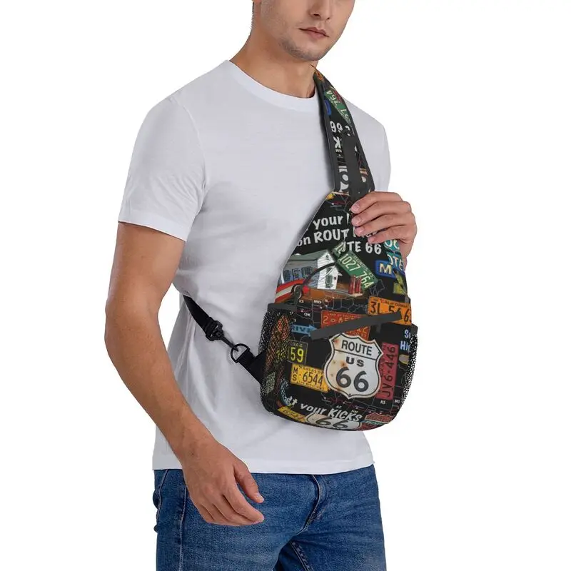 Vintage Amerika Road Route 66 Sling Borst Tas Custom Crossbody Schouder Rugzak Voor Mannen Reizen Dagrugzak