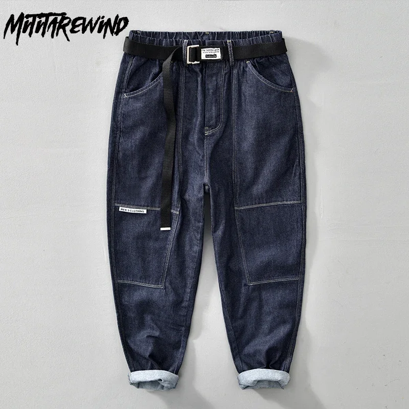 

Spring Autumn Men's Jeans Japanese Cargo Pant Men Pure Cotton Harem Nine Point Pants with Belt Youth Fashion Blue Baggy Jeans