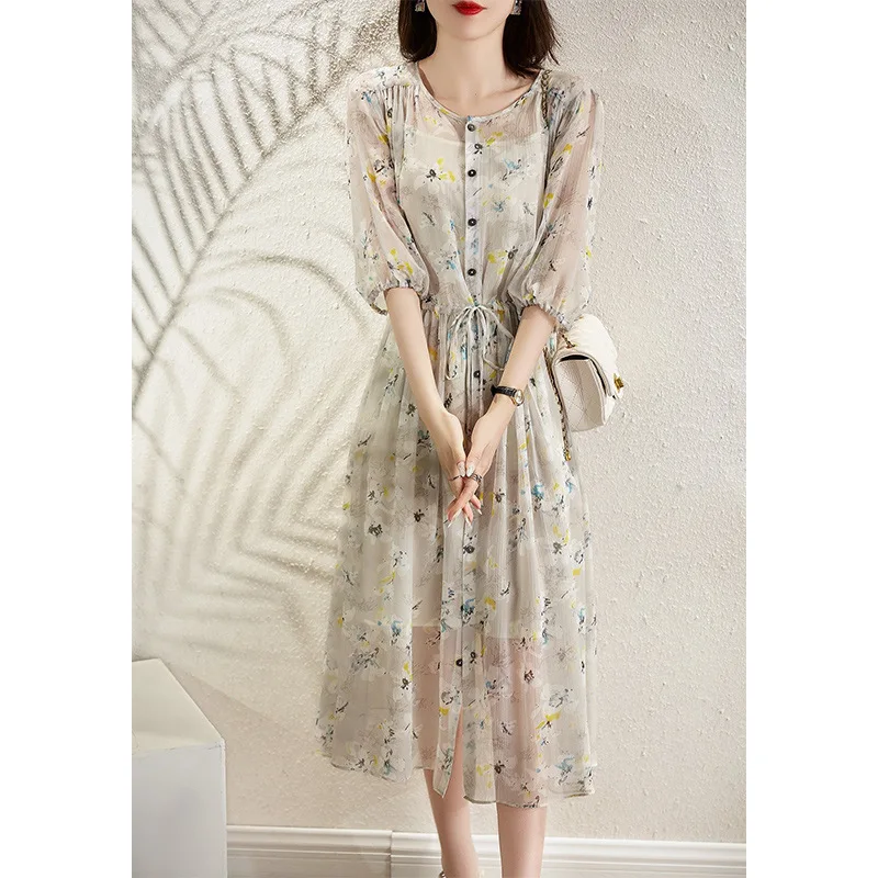 Fragmented Floral Long Dress French Short Sleeved Dress  Summer New Mid Length Two Layers Dress