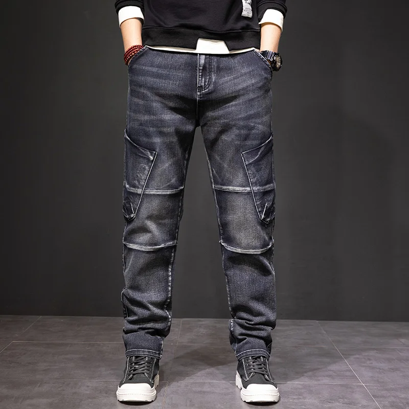

Уличная рабочая одежда, свободные повседневные джинсы, мужские модные брендовые лоскутные брюки больших размеров, удлиненные брюки, прямые хлопковые джинсы