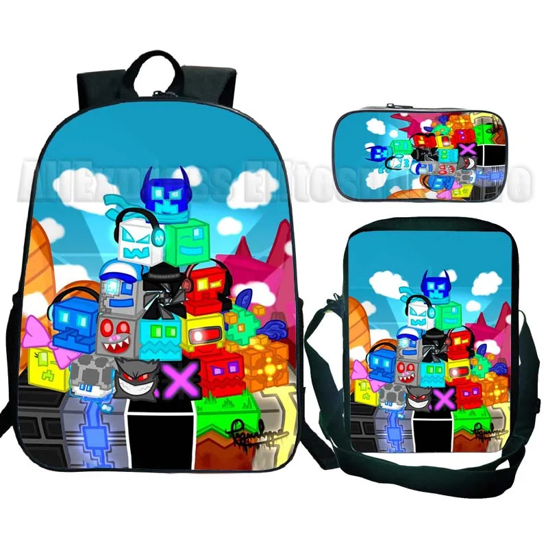 Students Angry Geometry Dash School Backpacks 3Pcs/set Boys Girls Kids Anime Bagpacks with Pencil Case Shoulder Bag Mochilas