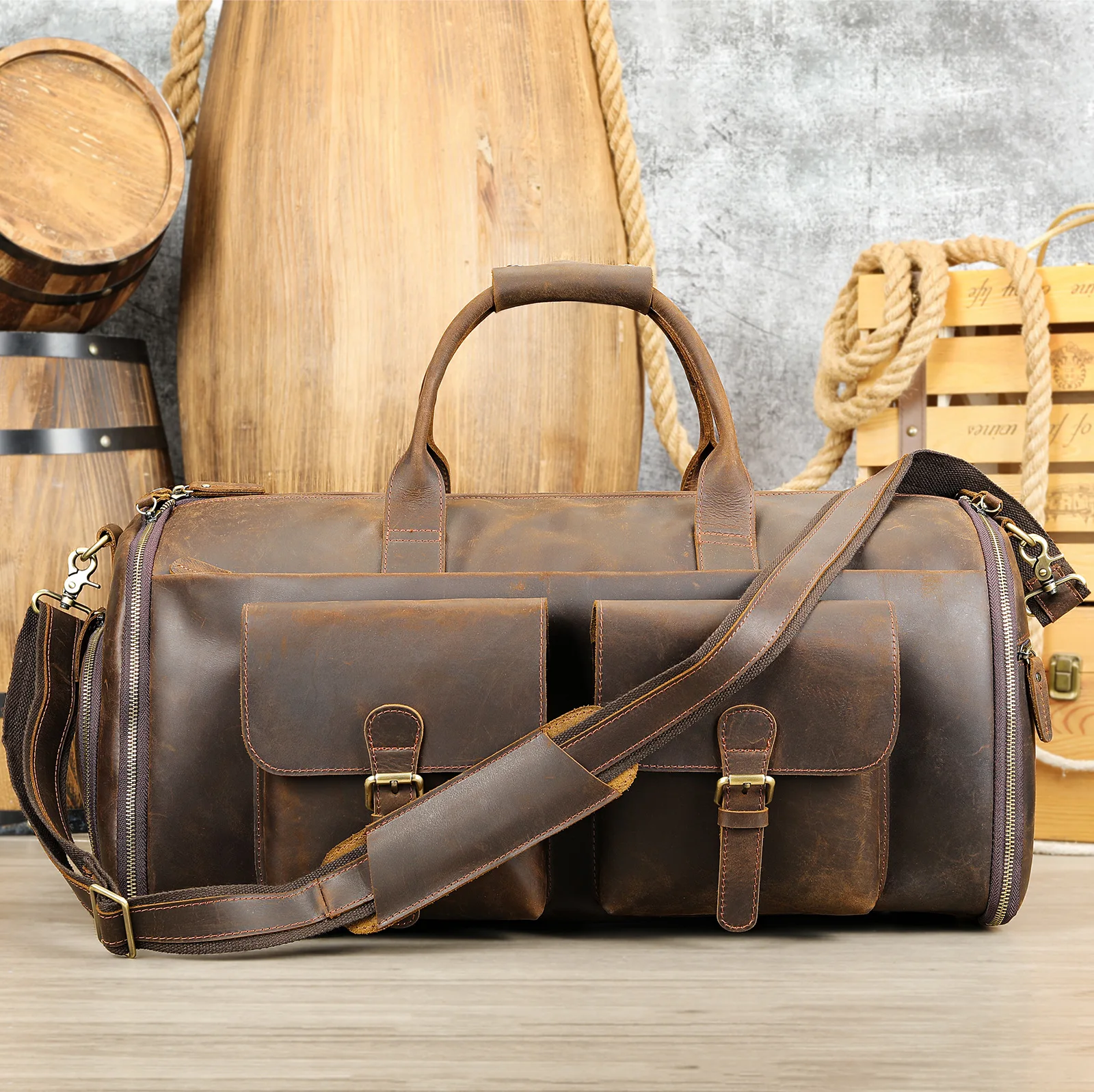 

Vintage Men Genuine Leather Travel Bag Travel Tote Big Weekend Bag Man Cowskin Duffle Bag Hand Luggage Male Handbags Large 56cm