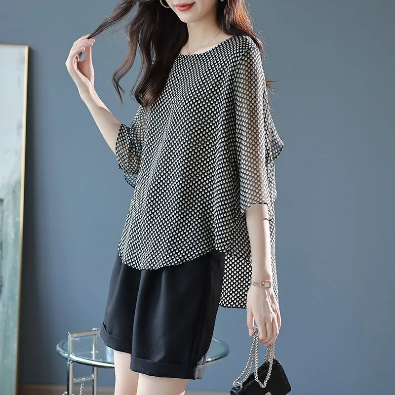 2025 Ladies Casual Fashion Loose Style Chiffon Shirt Batwing Sleeve Printing O-neck Pullover Summe Rnew Style 3/4 Sleeve Tops