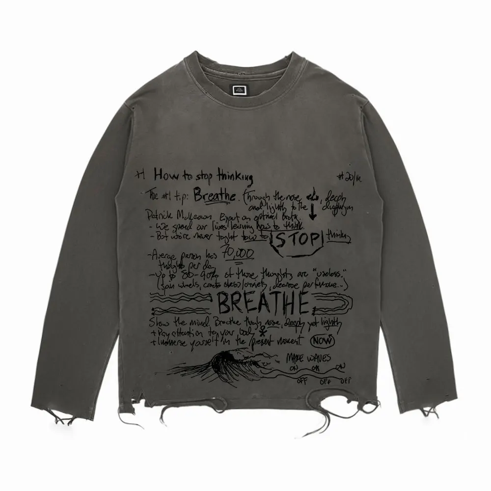 

Wang Studio Illness 180G Washed Long Sleeve Graffiti High Street Vintage T-Shirt Fashionable Top for Spring Season