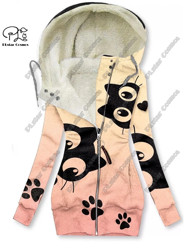 

New 3D printing retro series floral and animal patterns plus velvet and warm women's long zipper sweatshirt casual winter L-4