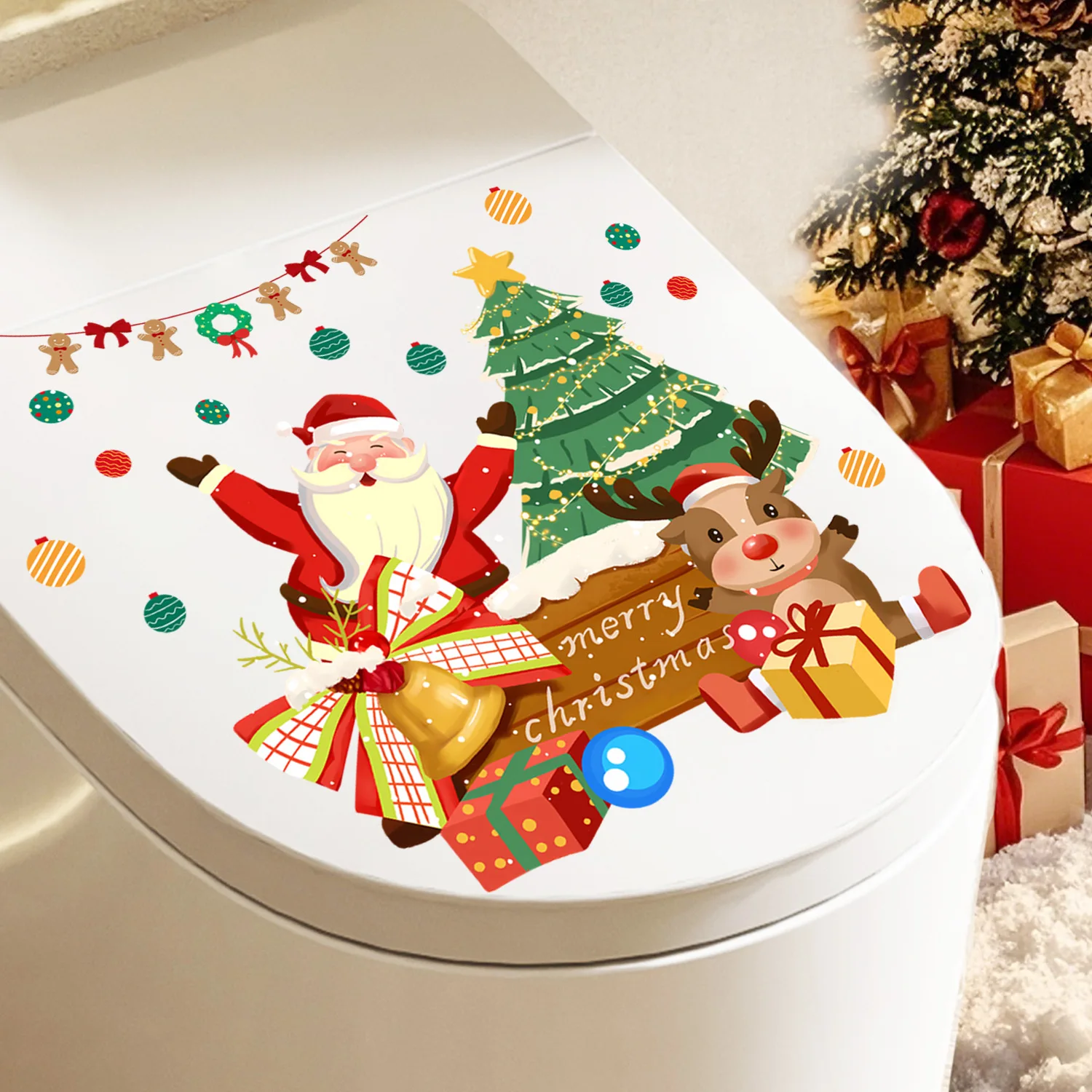 

Christmas Toilet Sticker Santa Claus Reindeer Pattern Removable Commode Lid Decal Self Adhesive Bathroom Wall Home Decoration