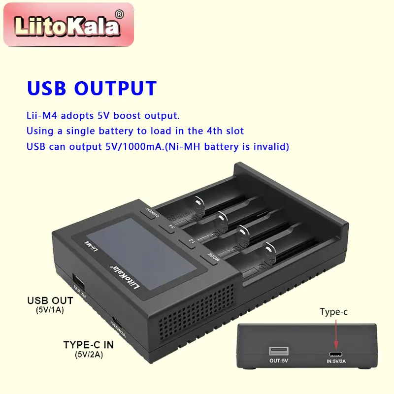 شاحن LiitoKala Lii-M4 18650 بشاشة LCD - شاحن ذكي عالمي لاختبار سعة بطاريات 26650 18650 21700 AA AAA 4 فتحات 5V 2A - 3