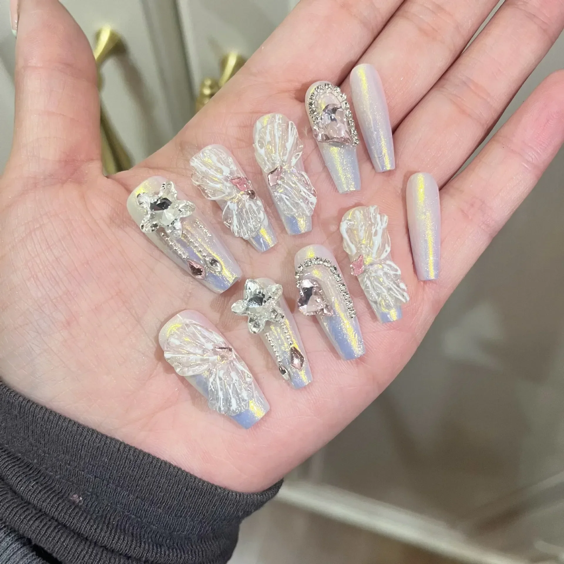 

10Pcs Long Handmade Butterfly Press on Nails French White Rhinestone Full Cover Fake Nail Fashion Manicure Wearable Nail Tips