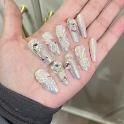 10Pcs Long Handmade Butterfly Press on Nails French White Rhinestone Full Cover Fake Nail Fashion Manicure Wearable Nail Tips