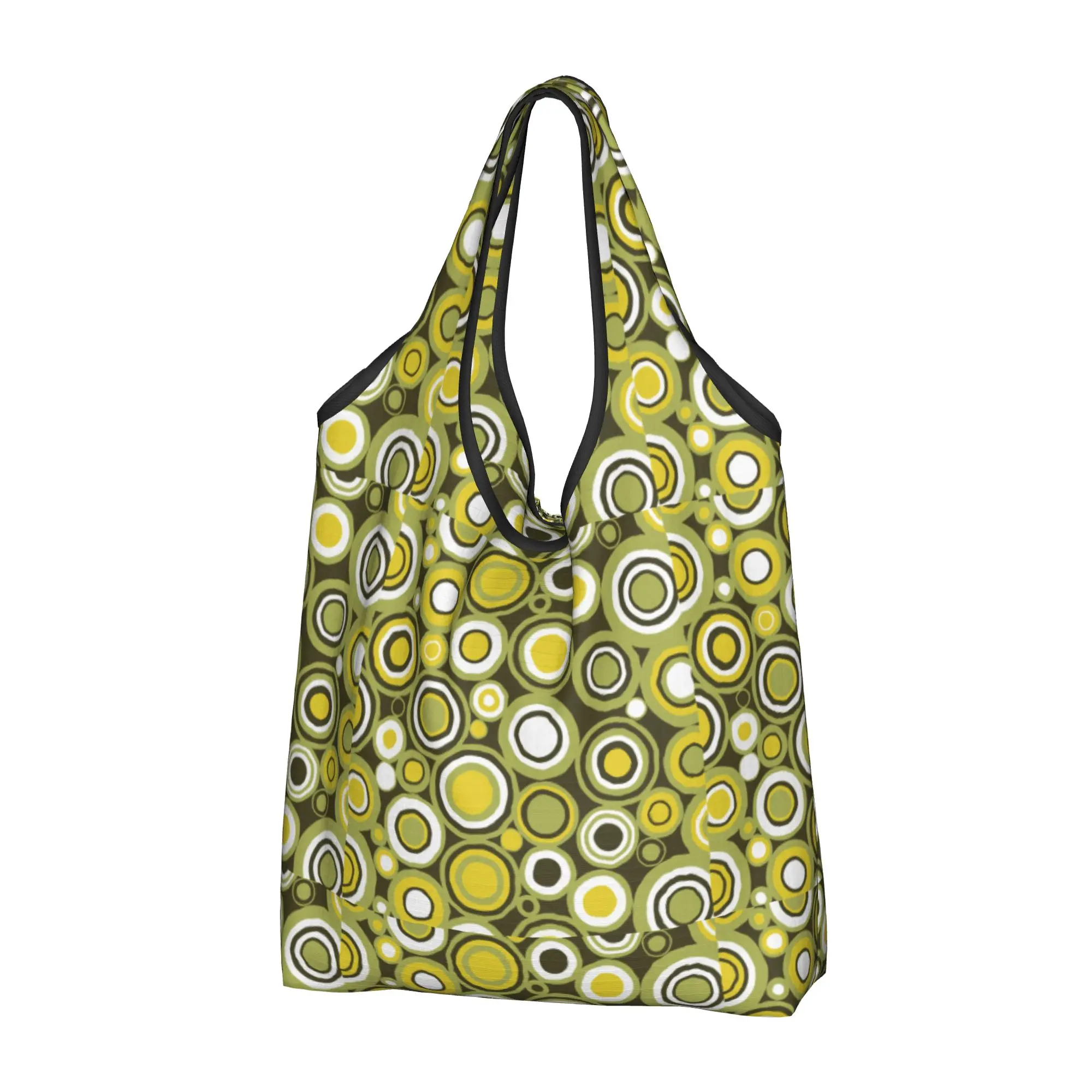 Custom Green Yellow And White Circle Retro Shopping Bag Women Portable Big Capacity Grocery Geometric Colorful Shopper Tote Bags