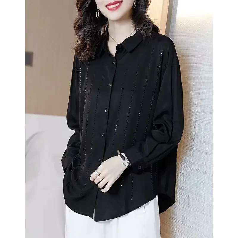 

Spring Autumn Turn-down Collar Long Sleeve Shirt Women High Street Button Rhinestone Patchwork Cardigan Elegant All-match Tops
