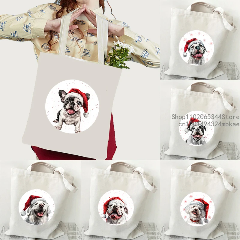 Christmas French Bulldog Shopping Shoulder Bag Fashion Cute Animal Dog Series Student Canvas Tote Bag Xmas Gift Women's Handbag