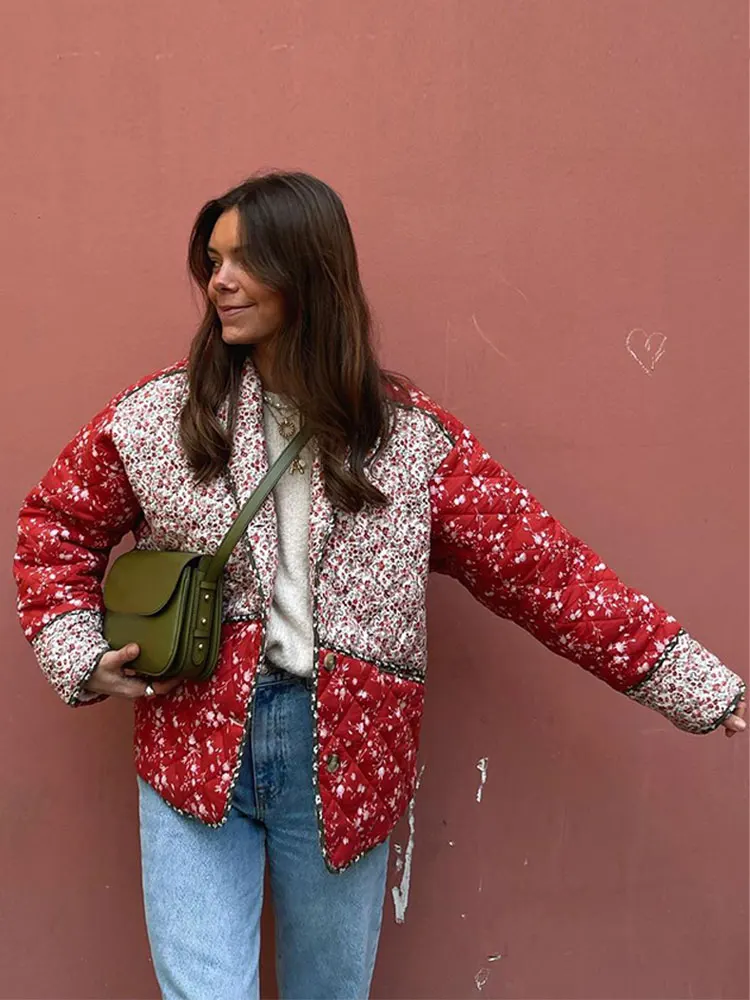 Chaqueta acolchada con solapa y estampado Floral para mujer, abrigo elegante de algodón de manga larga con botonadura única, ropa de abrigo cálida a