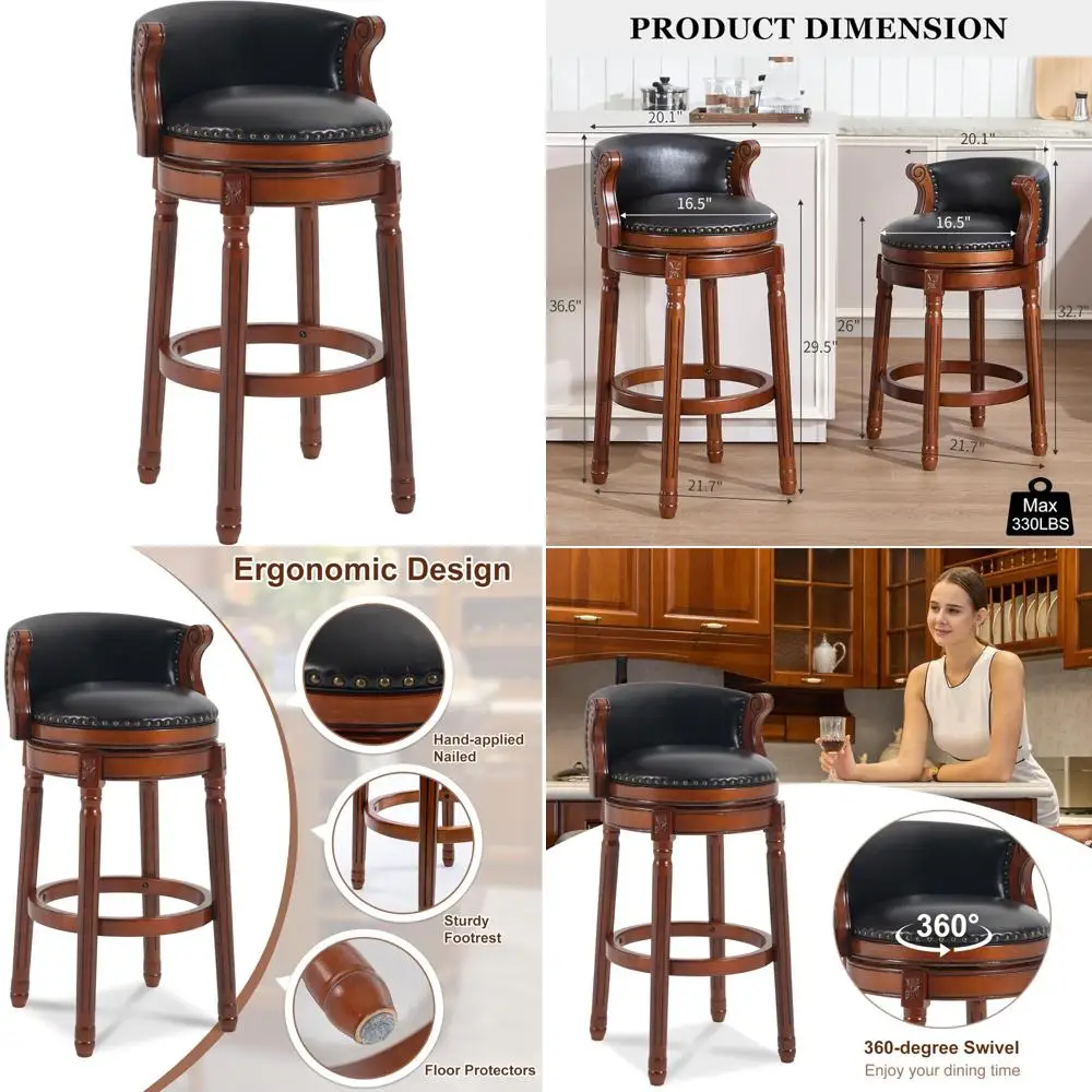 

Leather-Cushioned Swivel Bar Stools with Back and Footrest, Rubber Wood Counter Height for Home and Kitchen