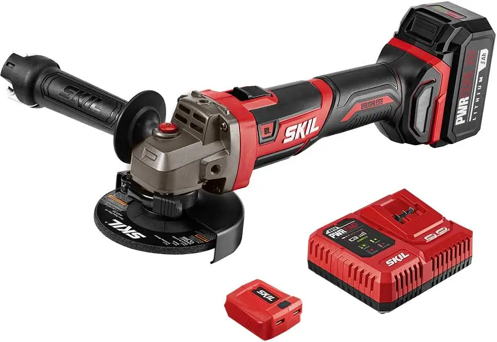 

Аккумуляторная угловая шлифовальная машина 20 В с аккумулятором емкостью 5,0 Ач, быстром зарядным устройством и USB-адаптером — эффективный режущий инструмент