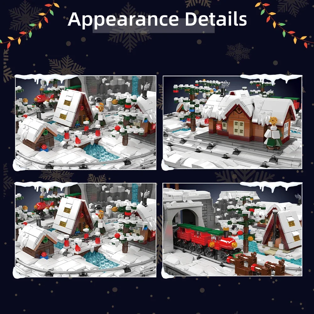 MOC รถไฟคริสต์มาส Wonderland House Building Blocks ชุดมอเตอร์สวนสนุกฤดูหนาว Snowman Tree อิฐของเล่นเด็ก Xmas ของขวัญ