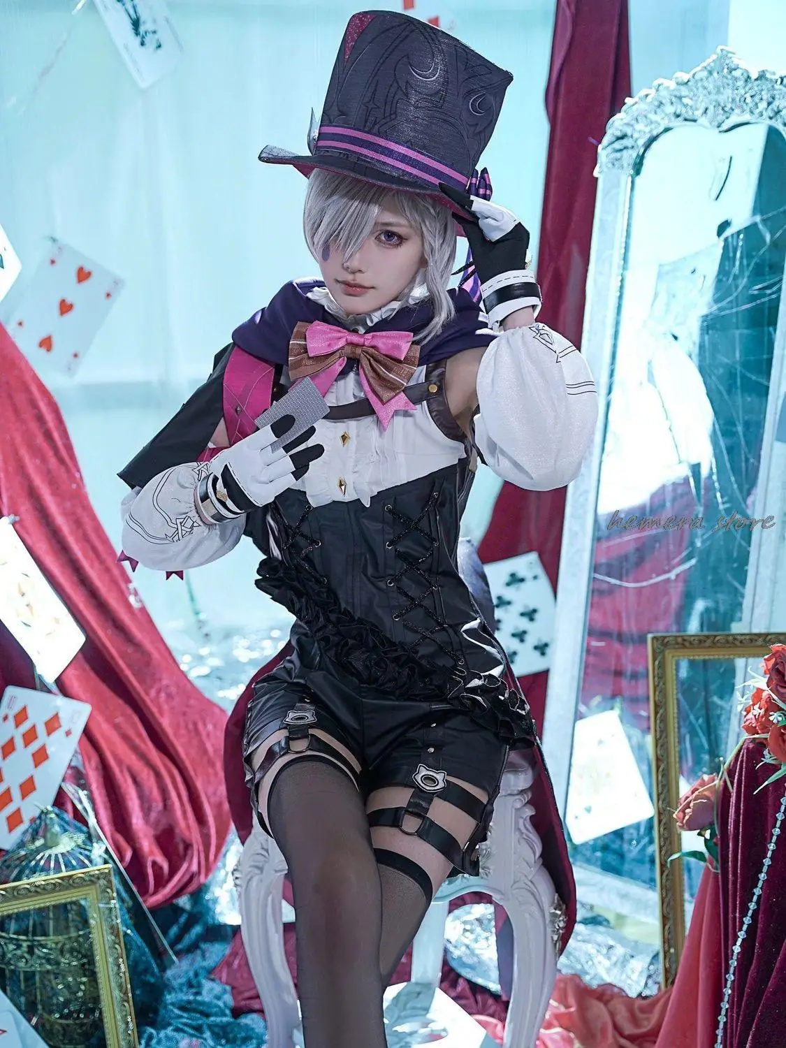 

Lyney Cosplay Genshin Impact Costume Wig Fontaine Lyney Leather Magician Uniform Short Hair Glove Twins Halloween Carnival Game